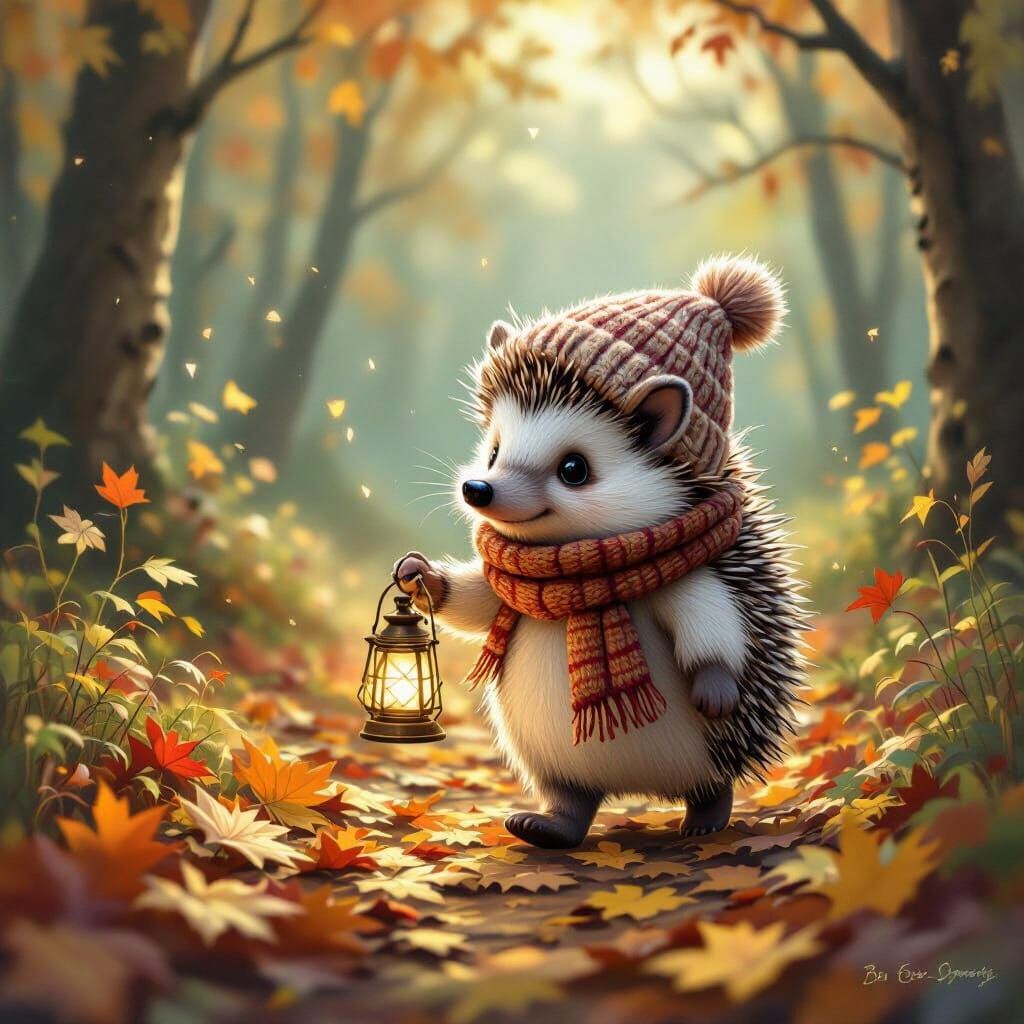 Hedgehog in Forest with Lantern, Painterly Realism