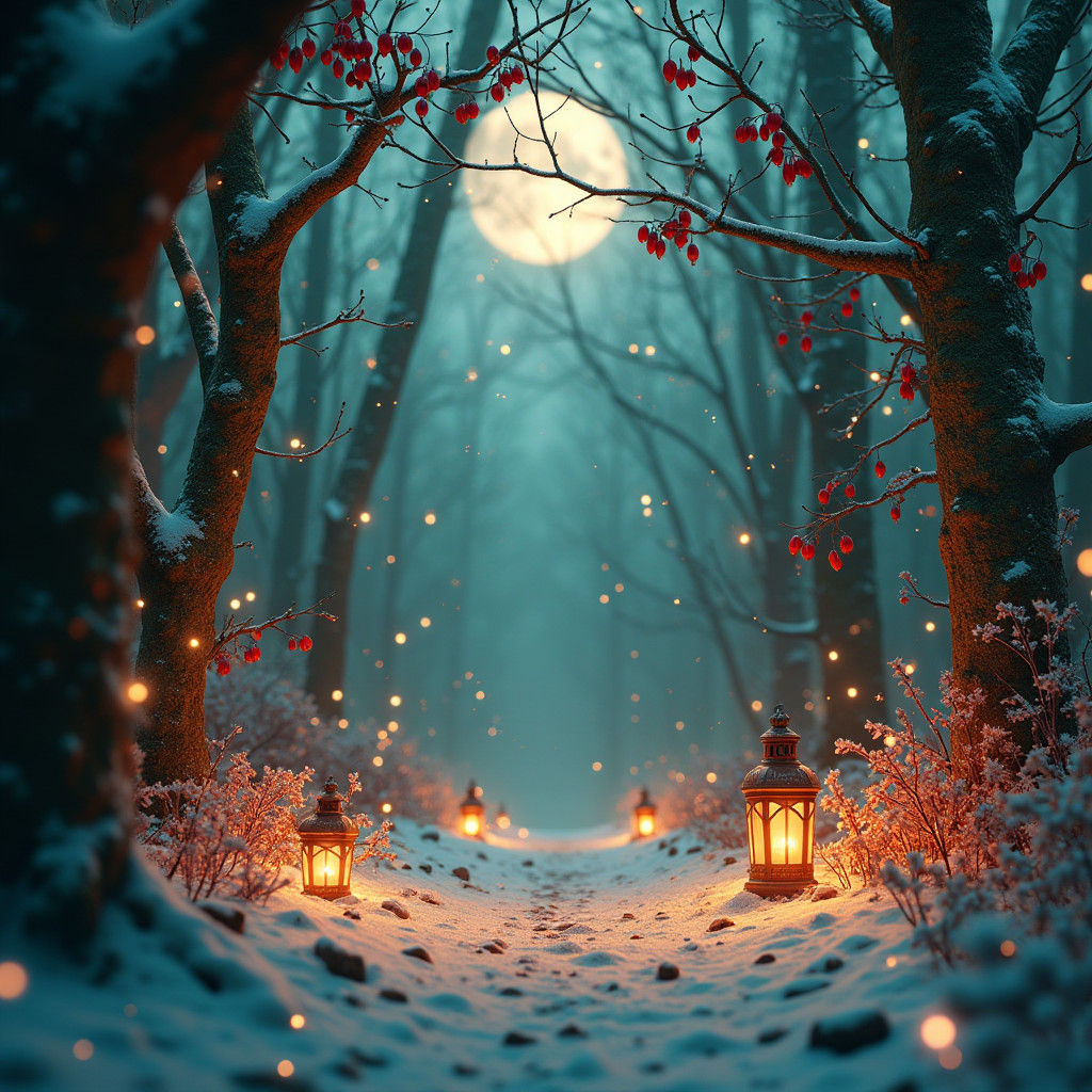 Mystical Winter Forest with Glowing Lanterns