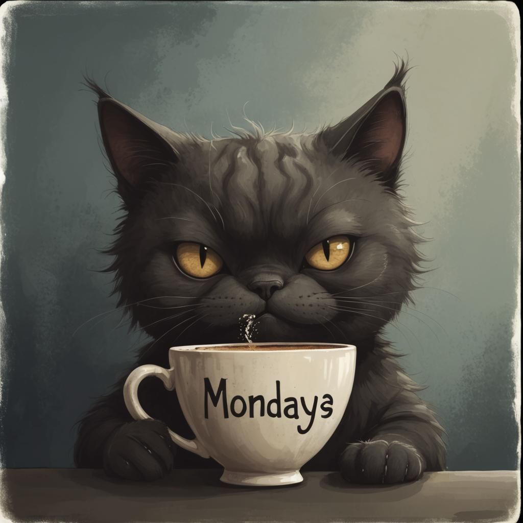 Surreal Cartoon Cat with Monday Coffee