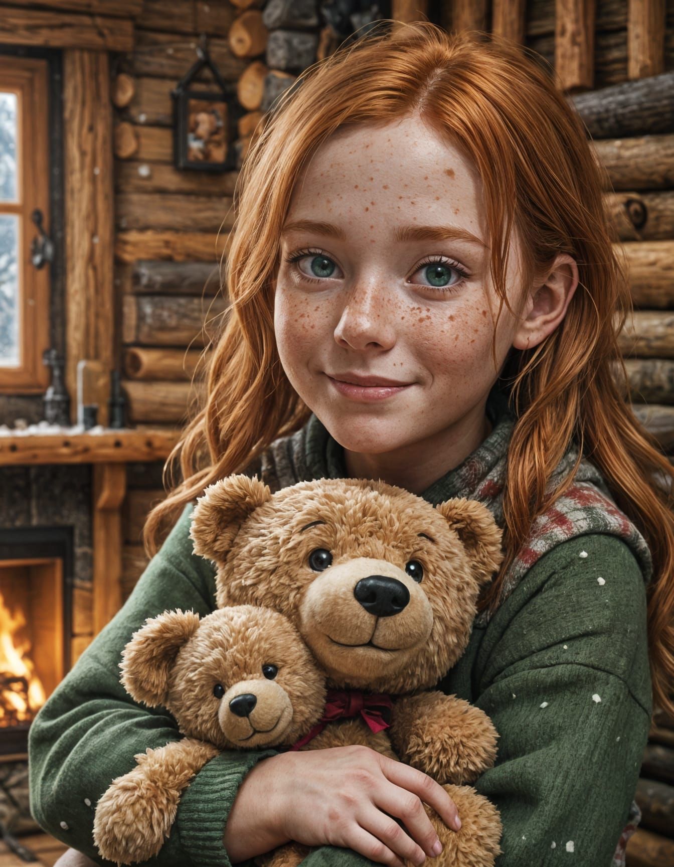 Ginger Girl Snuggles Teddy Bear in Cozy Log Cabin