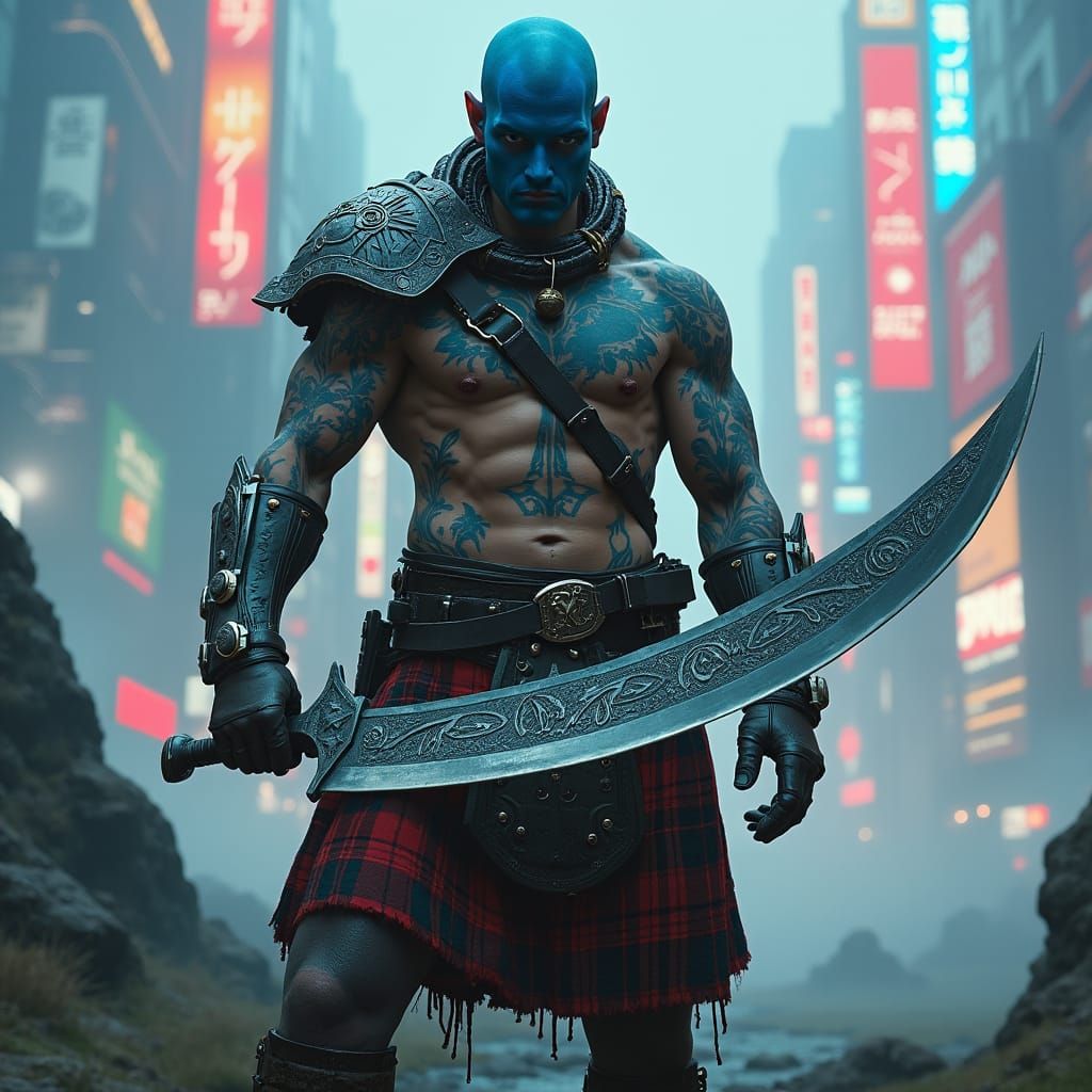Cyberpunk Scottish Warrior with Claymore in Misty Glen