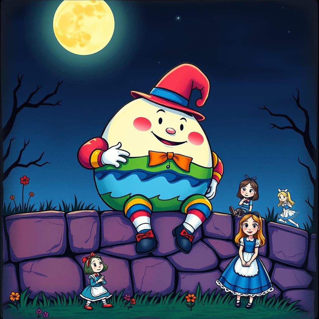 Humpty Dumpty and Alice in Wonderland, Hand-Drawn Style