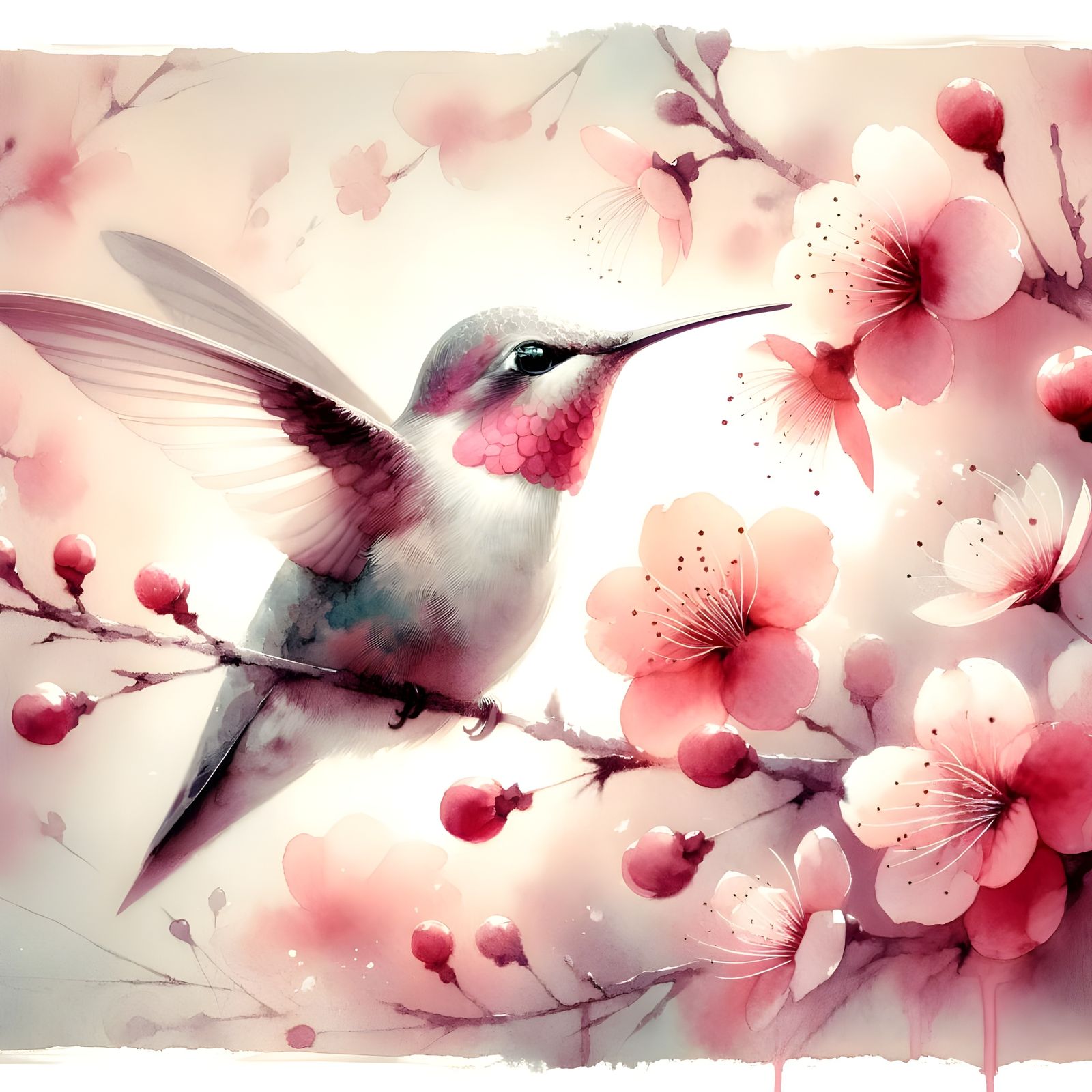 Hummingbird in Cherry Blossom Forest, Watercolor Painting