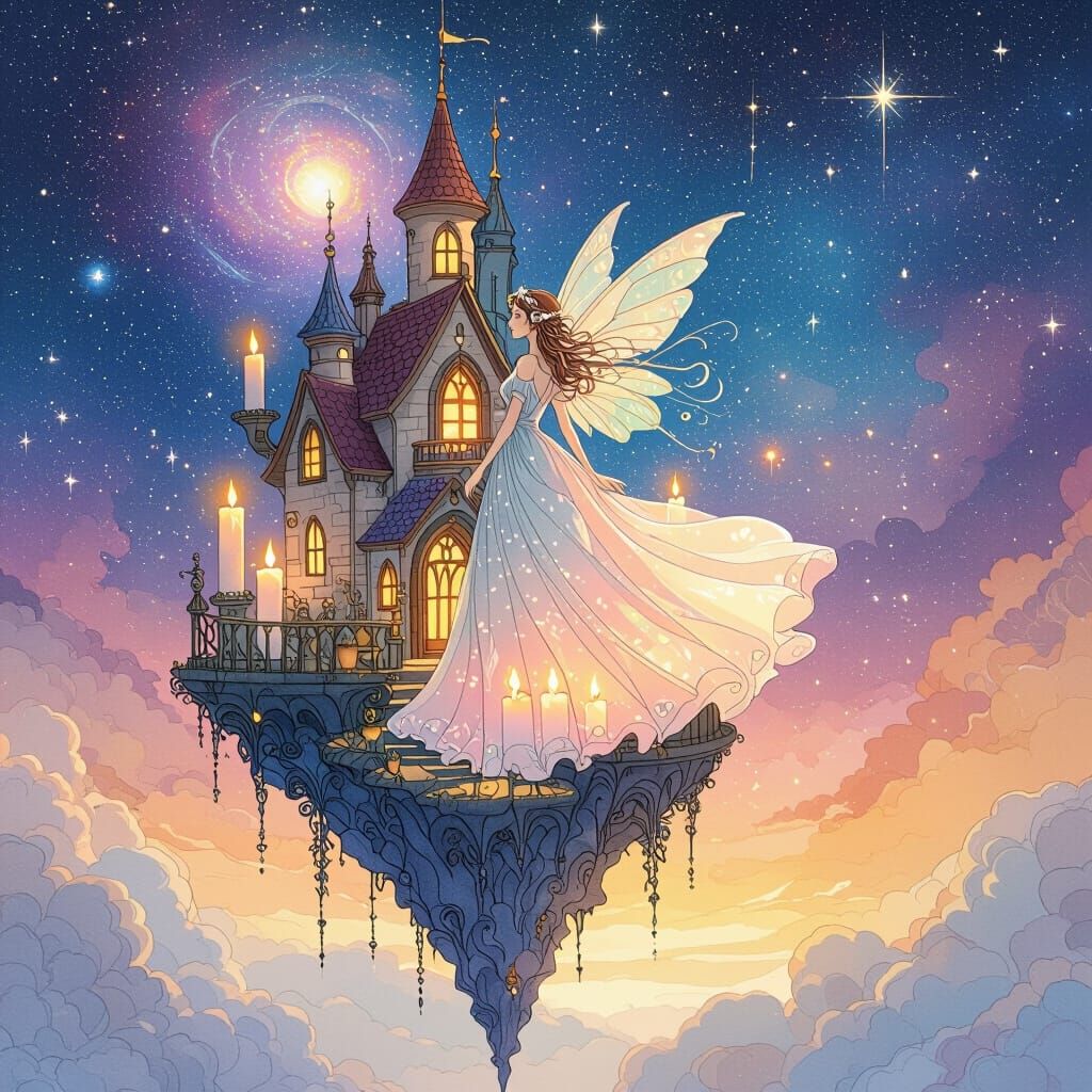 Fairy in Galaxy Sky Castle, Dreamy Watercolor Style