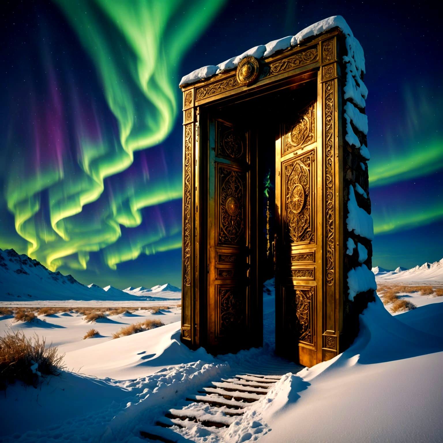 Ornate Door Amidst Dystopian Tundra, Dark Fantasy Concept