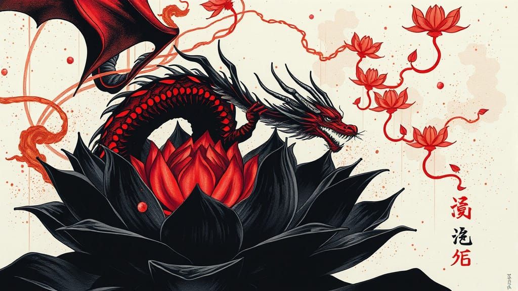 Cyberpunk Red Dragon Entwined with Black Lotus