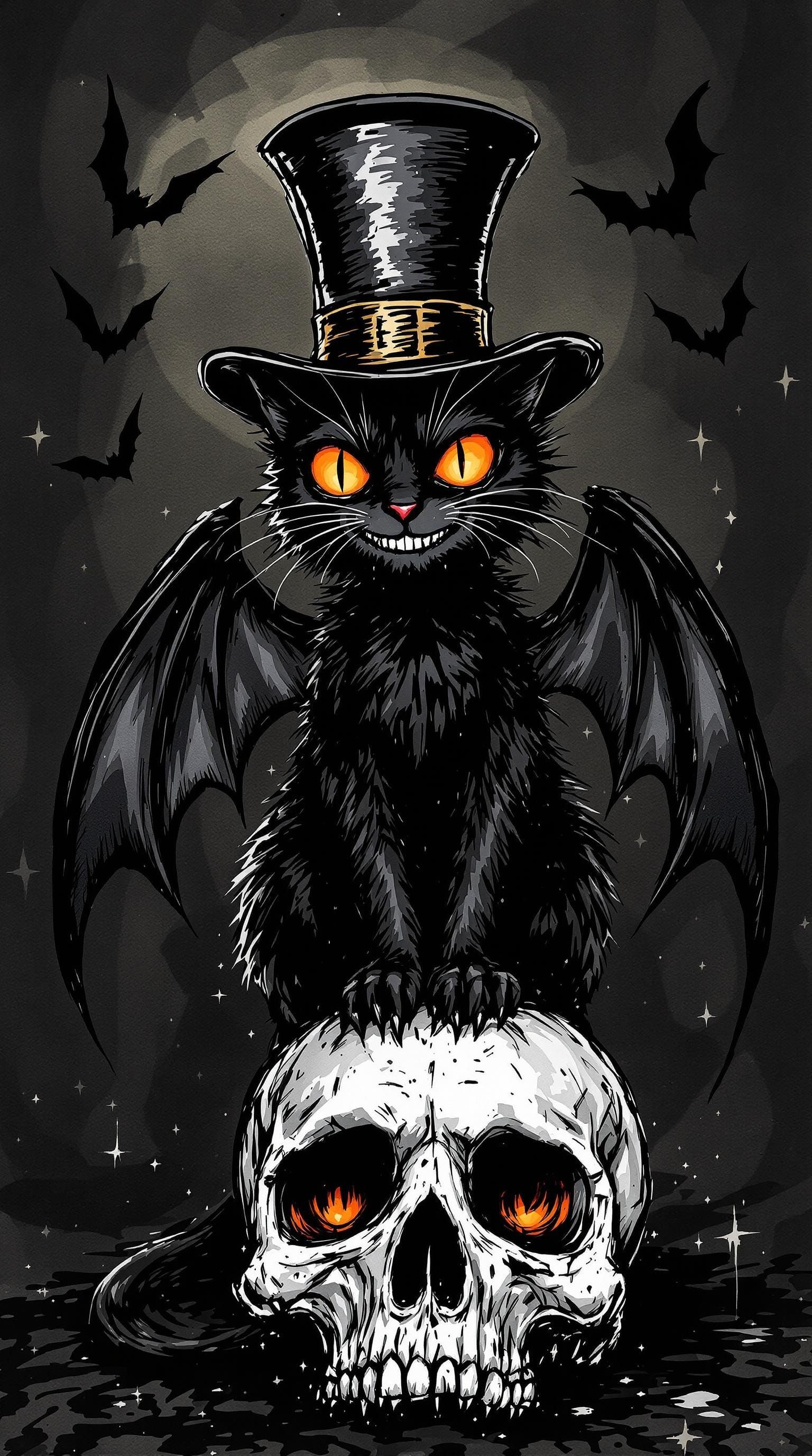 Mischievous Goth Cat in Whimsical Fantasy Ink Art