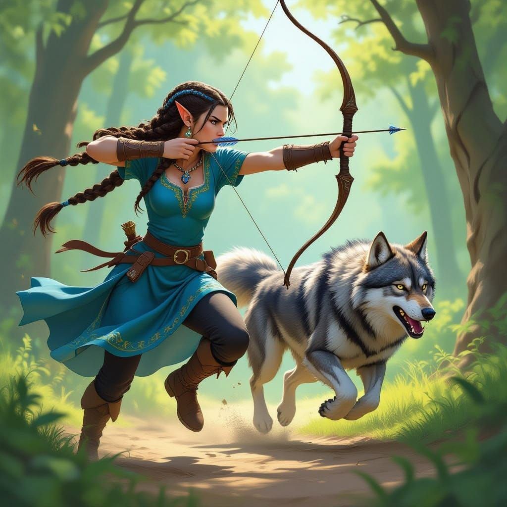 Elven Huntress Chases Prey with Wolf Companion in Forest