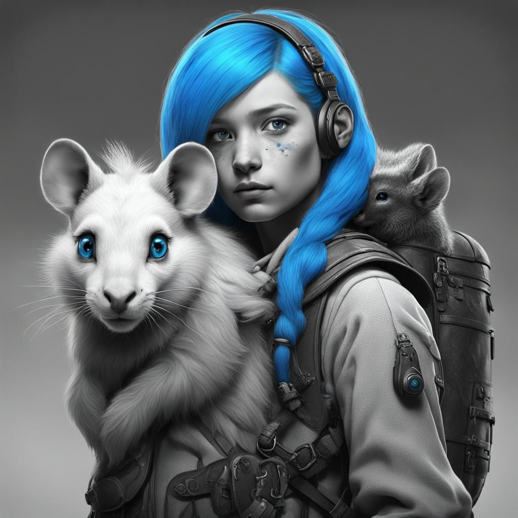 Blue-Haired Girl with Mouse: Dark Fantasy Portrait