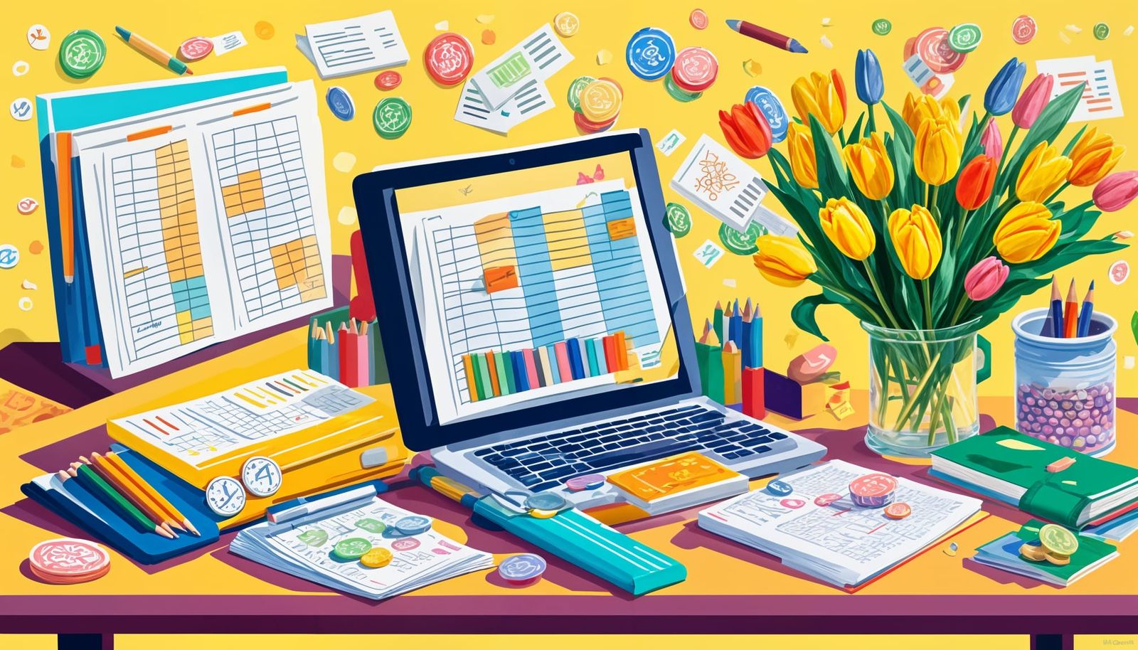 Vibrant Gouache Illustration of an Enchanted Accountant's De...