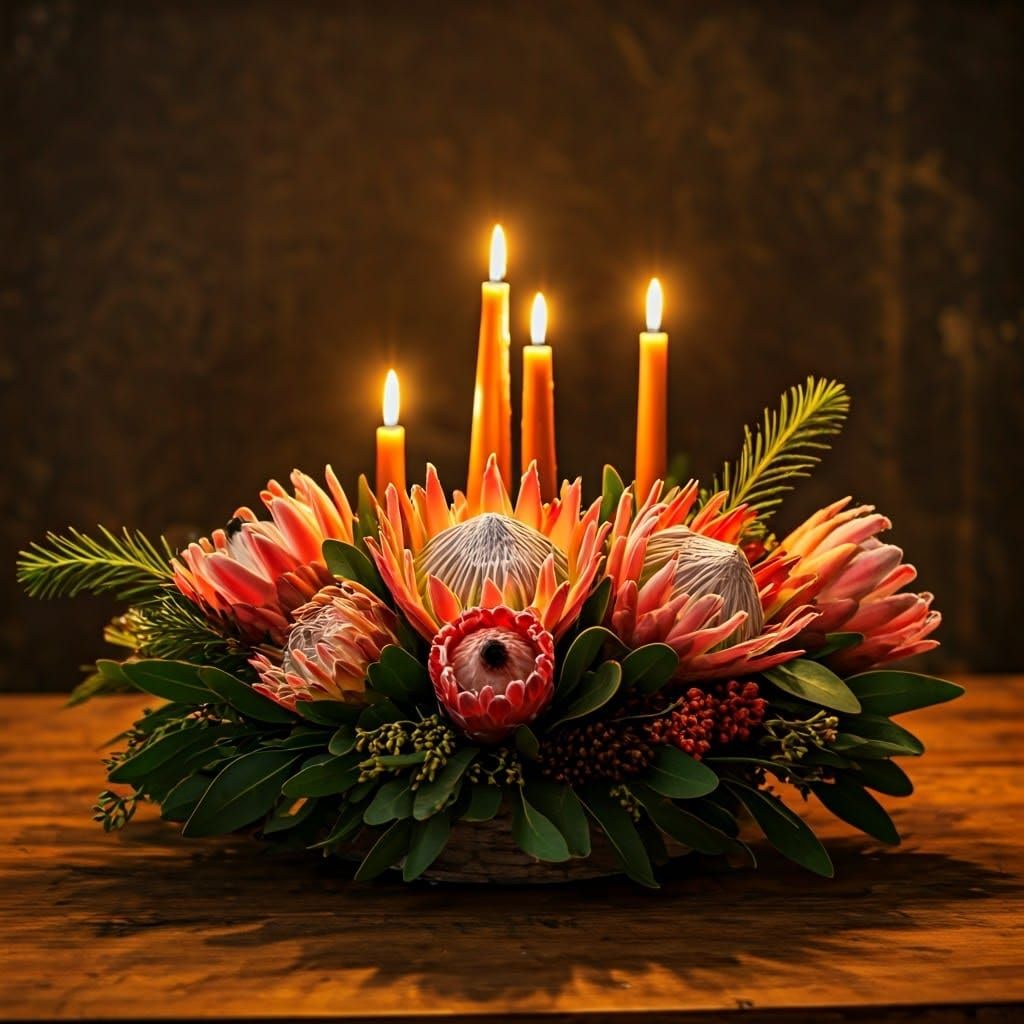 Surreal Protea Wreath with Golden Light and Rustic Wood