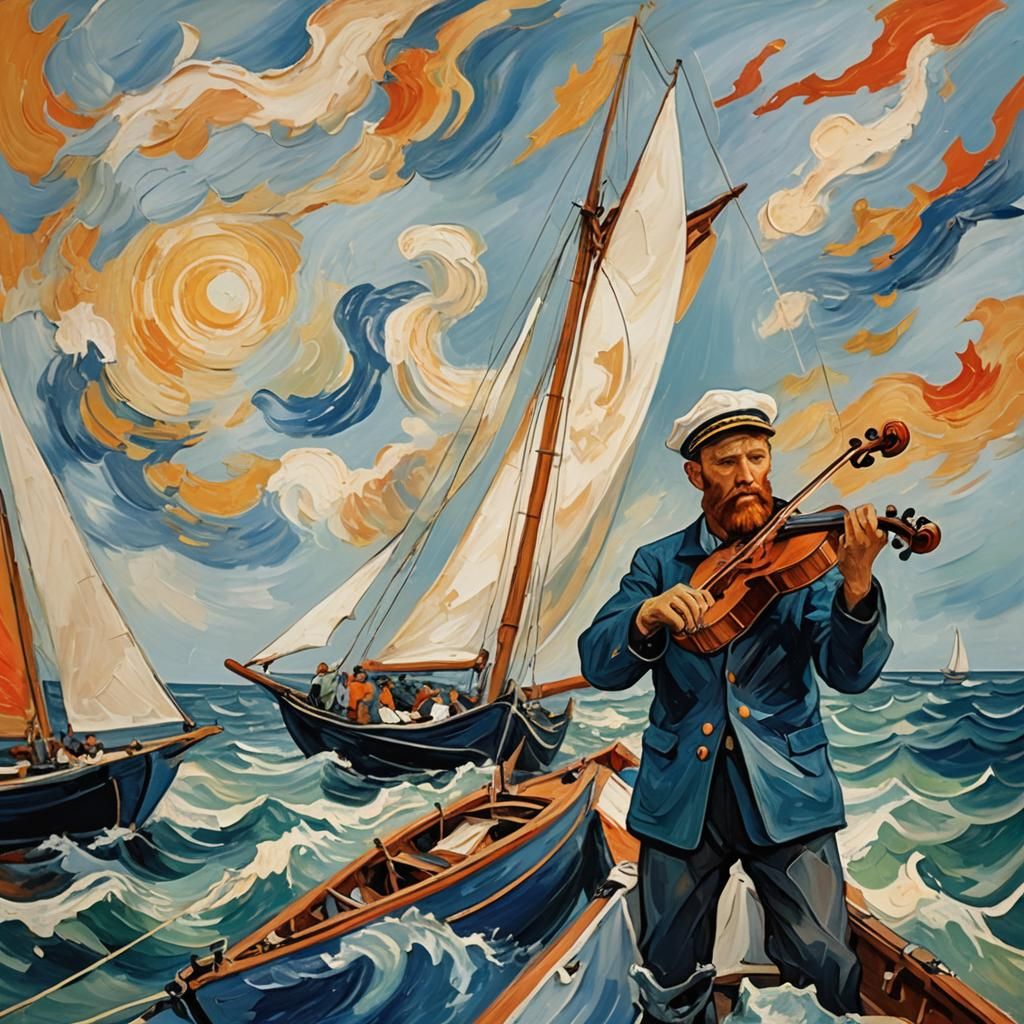 Sailor and Violinist: Expressionist Seascape in Oils