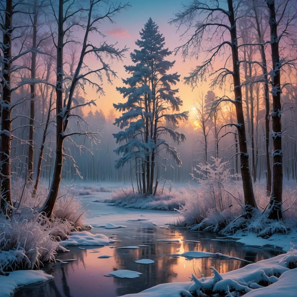 Frozen Forest at Sunset Reflecting Starlight