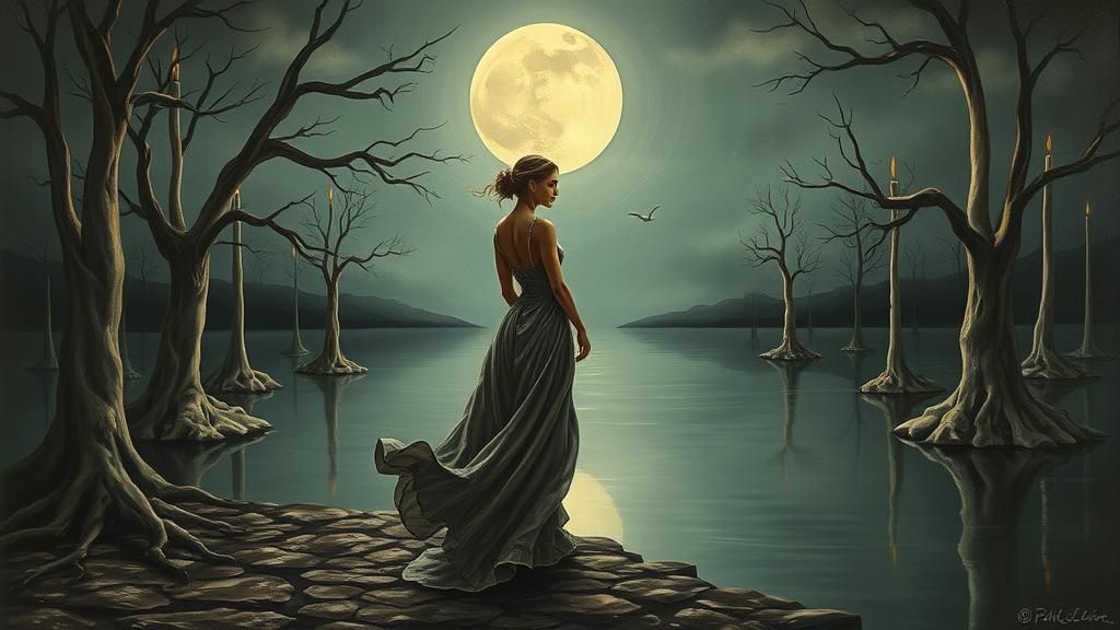 Dreamlike Moonlit Lake in Surrealist Style
