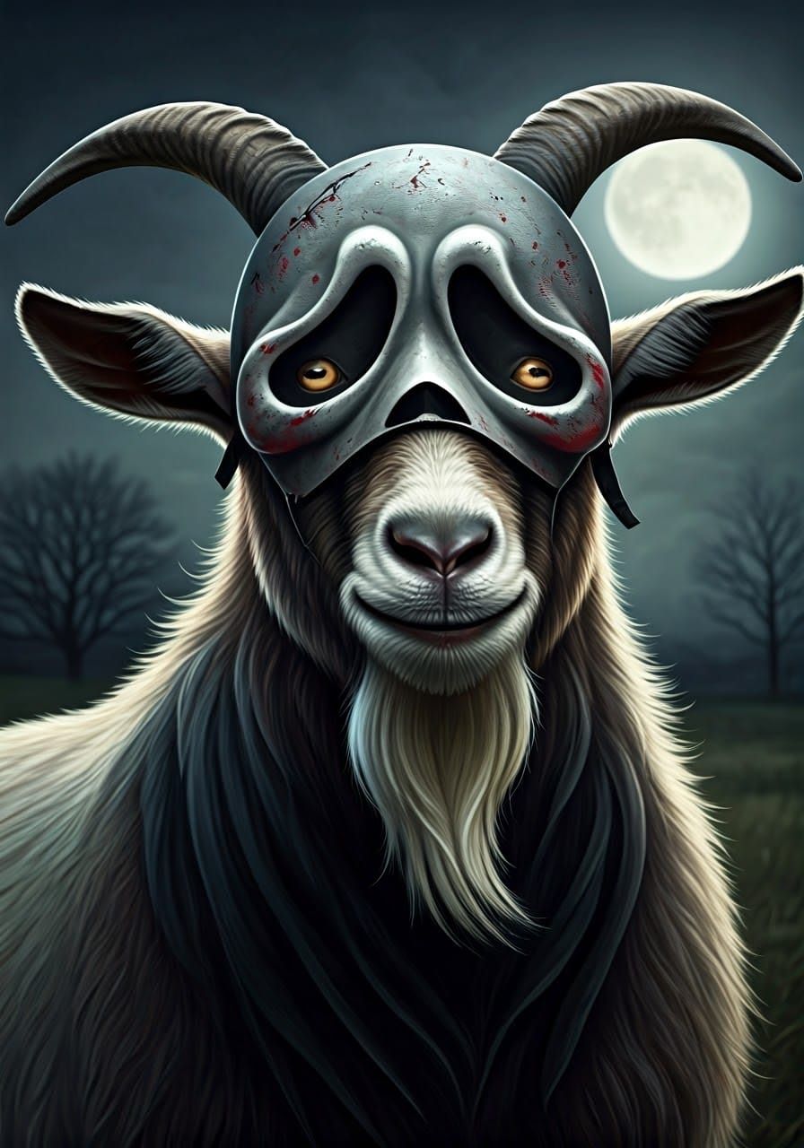 Goat in Ghostface Mask in Dark Atmospheric Style