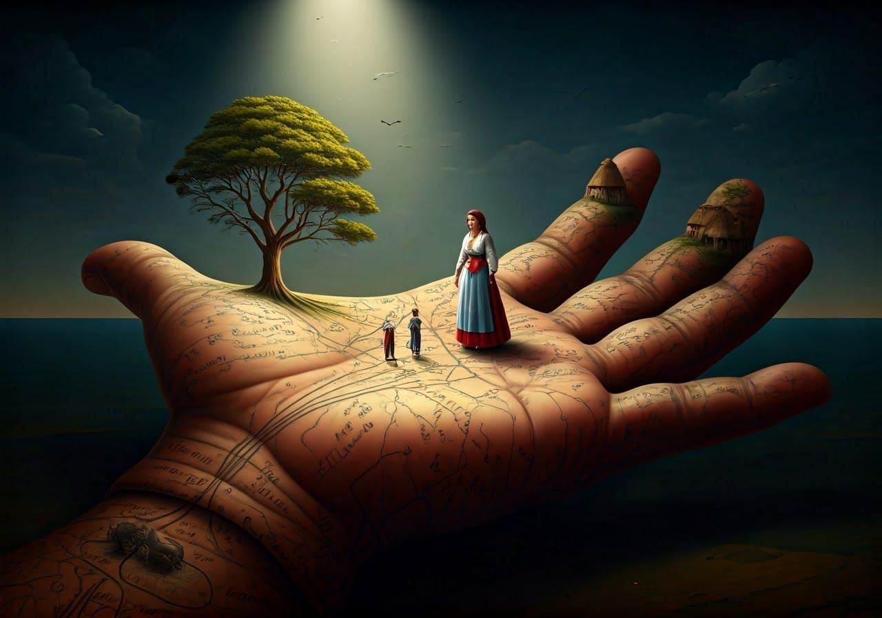 Surreal Hand-Palm Map with Miniature Scenes