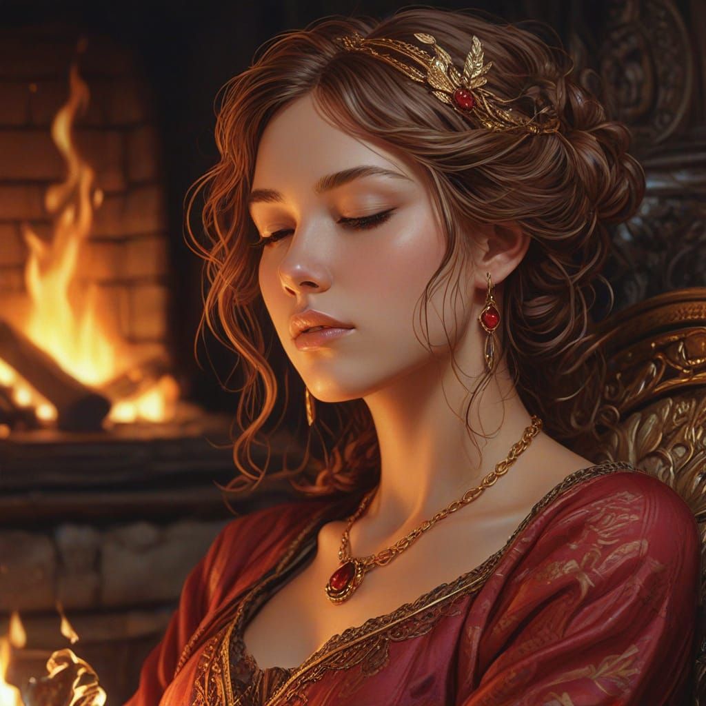 Woman Sleeping by Fire with Ruby Necklace