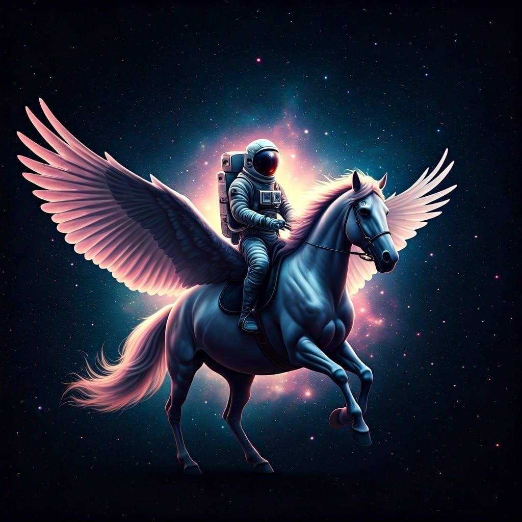 Astronaut on Pegasus in Cosmic Fantasy Scene