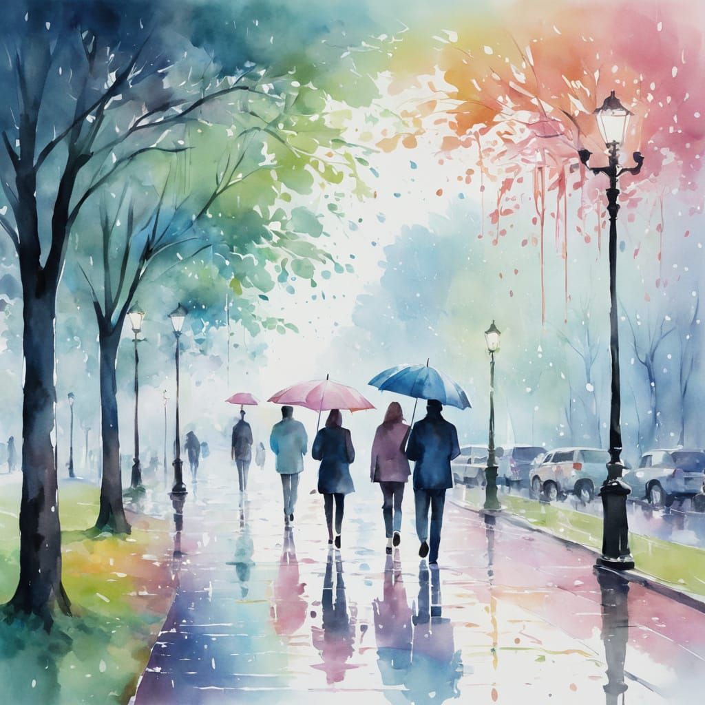 Rainy Park Scene in Abstract Watercolor Style