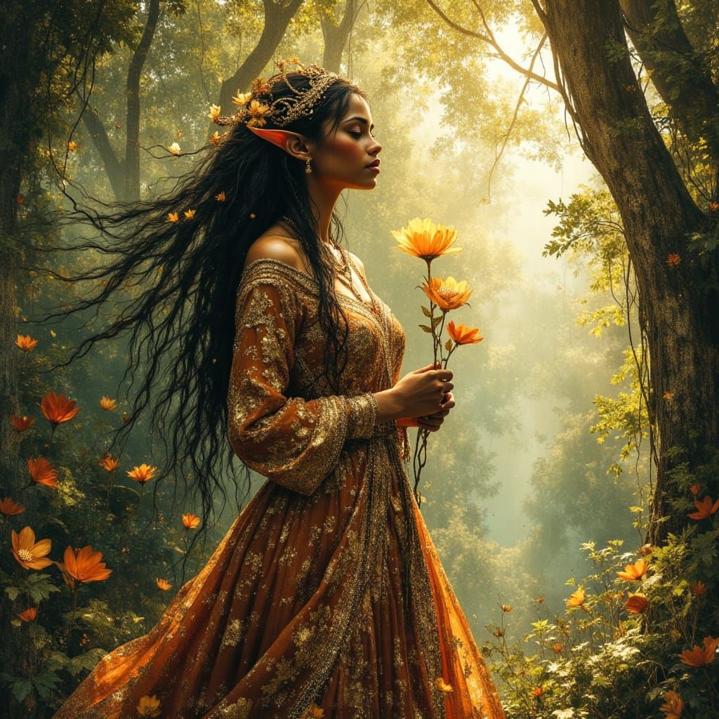 Regal African Elven Queen in Sun-Dappled Forest