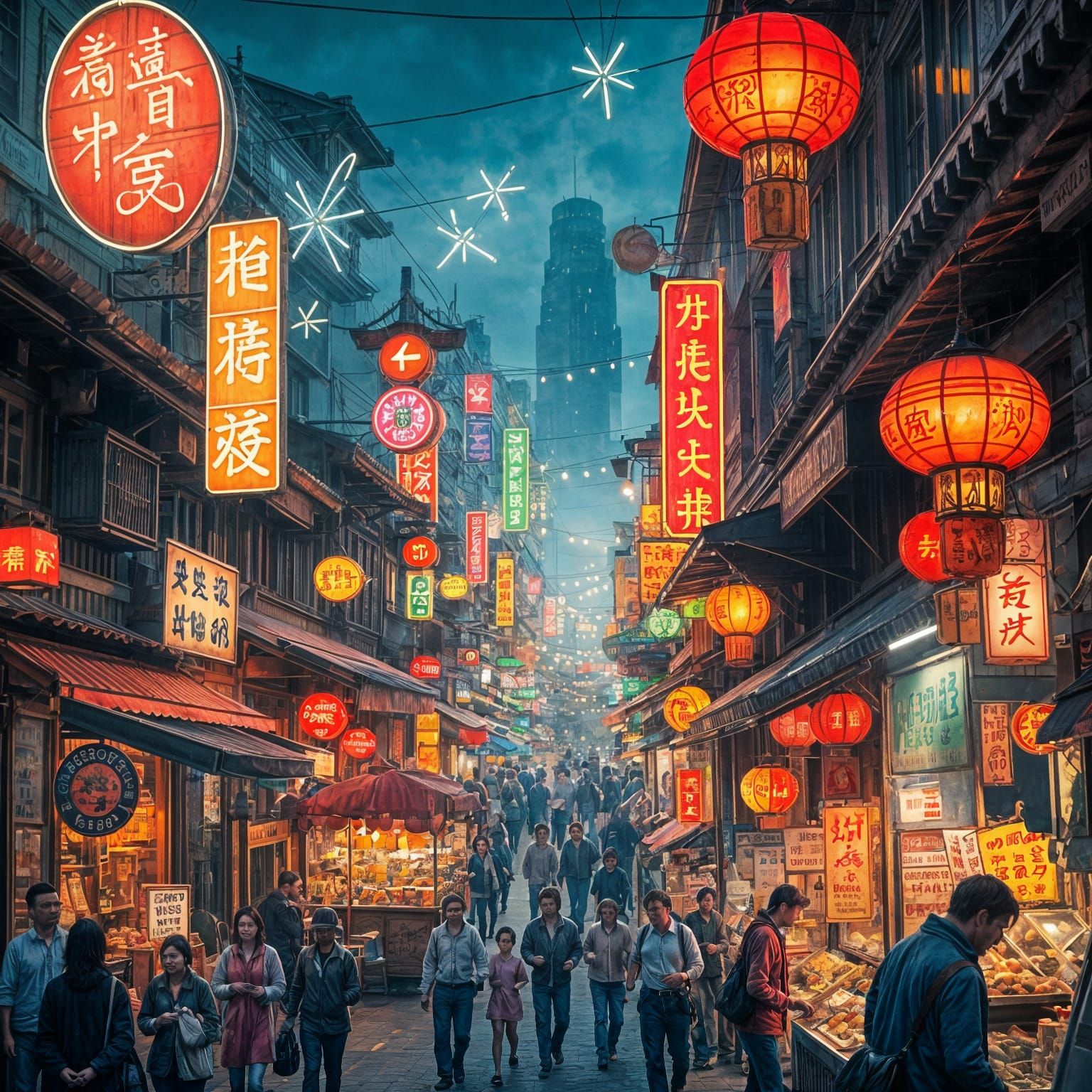 Vibrant Night Market Scene in Whimsical Watercolor
