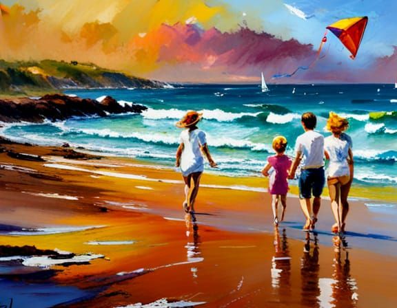 Family Kite Flying: An Impressionist Beach Painting