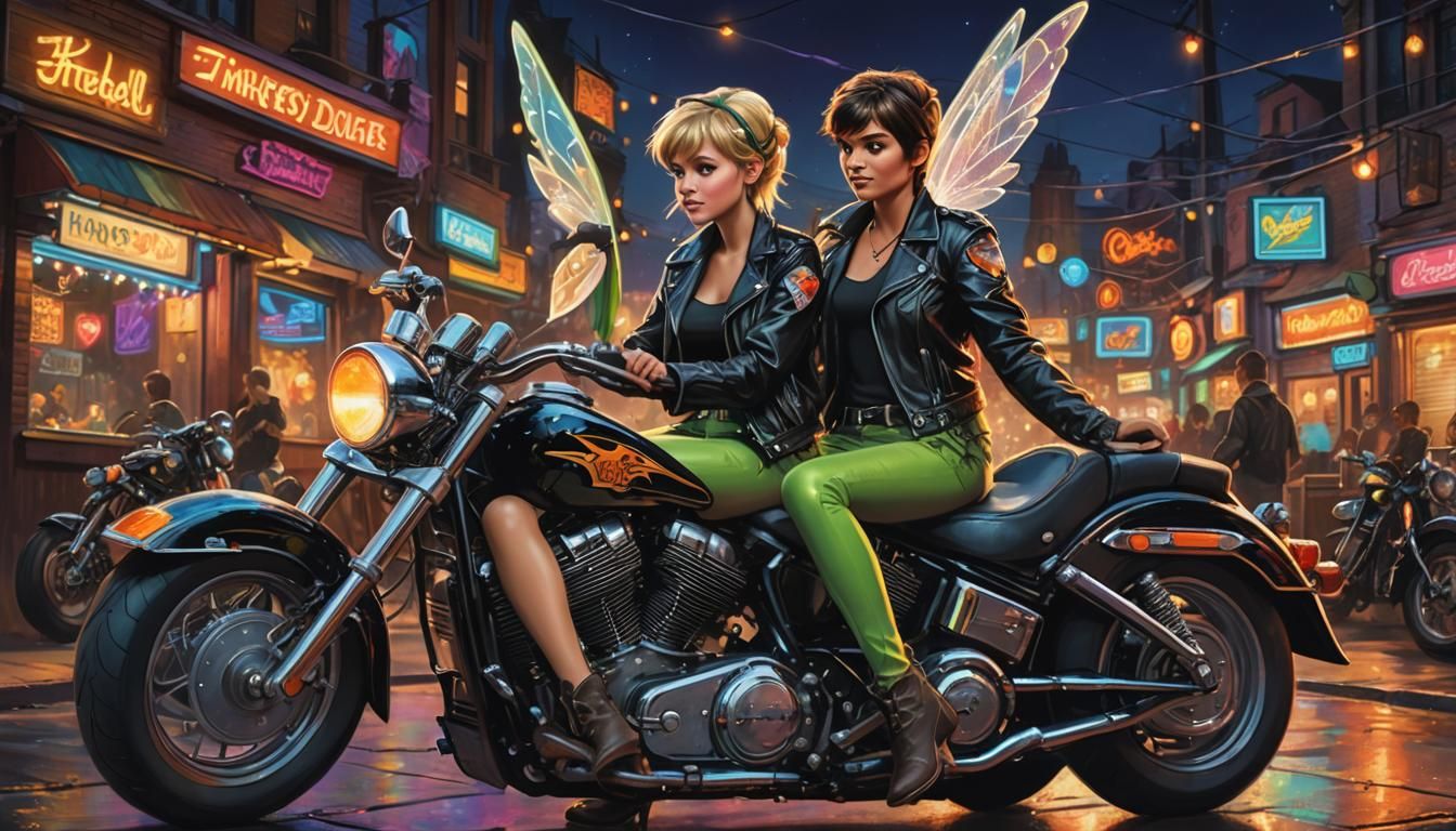 Tinkerbell at Biker Bar: Pop Art Oil Painting