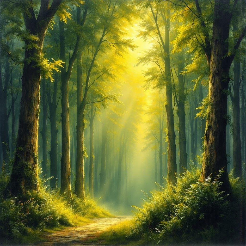 Dreamy Primeval Landscape in Dark Oil Paint Style