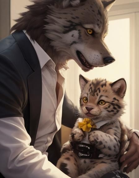 Anthropomorphic Wolf Cradling a Leopard Cub in White Suit