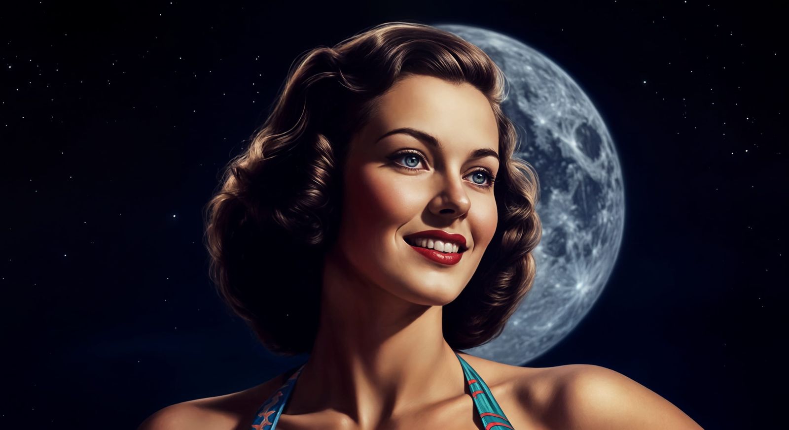 Glamorous 1940s Oil Painting Portrait of a Smiling Woman at ...