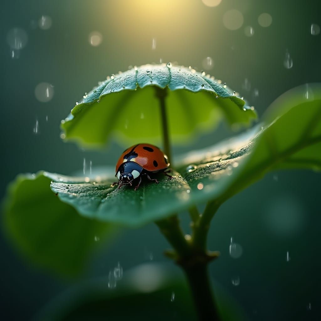 Ladybug in Serene Rainy Night Scene