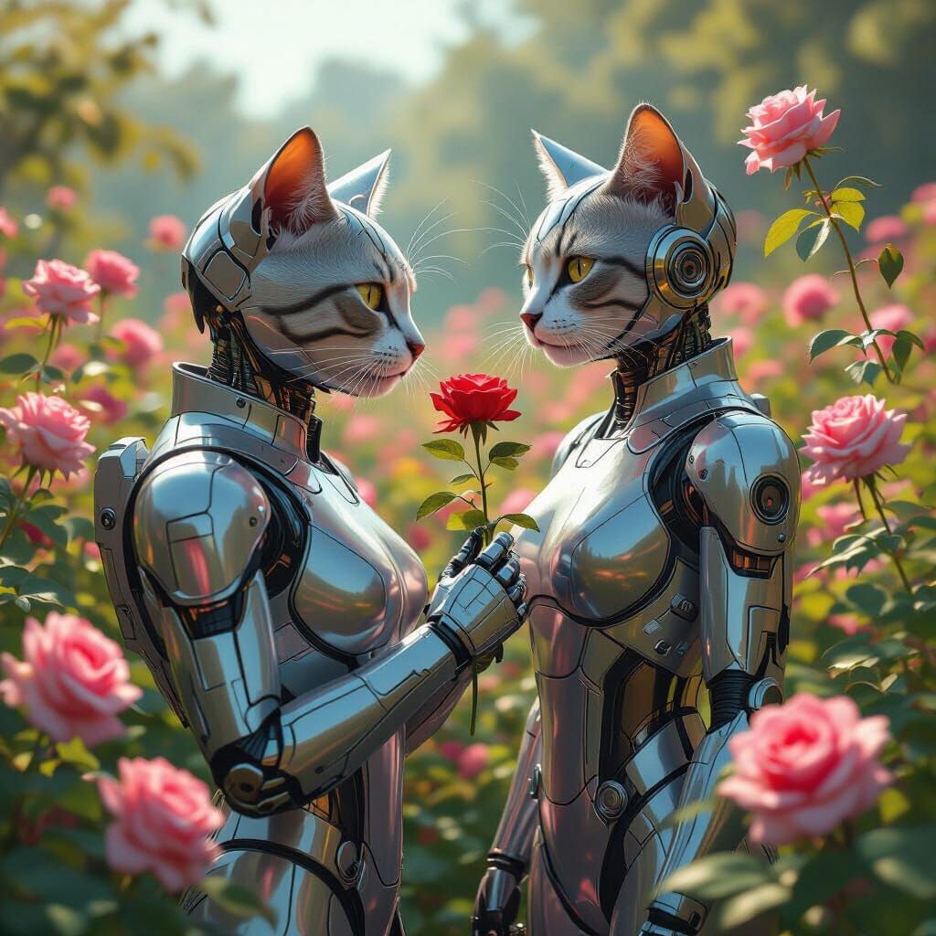 Cyborg Cat Enjoys Roses in Vibrant Garden