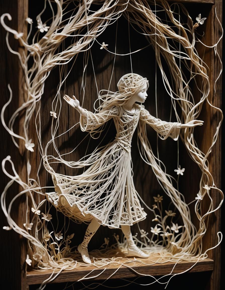 Whimsical String Art: Delicate Figure in Cupboard