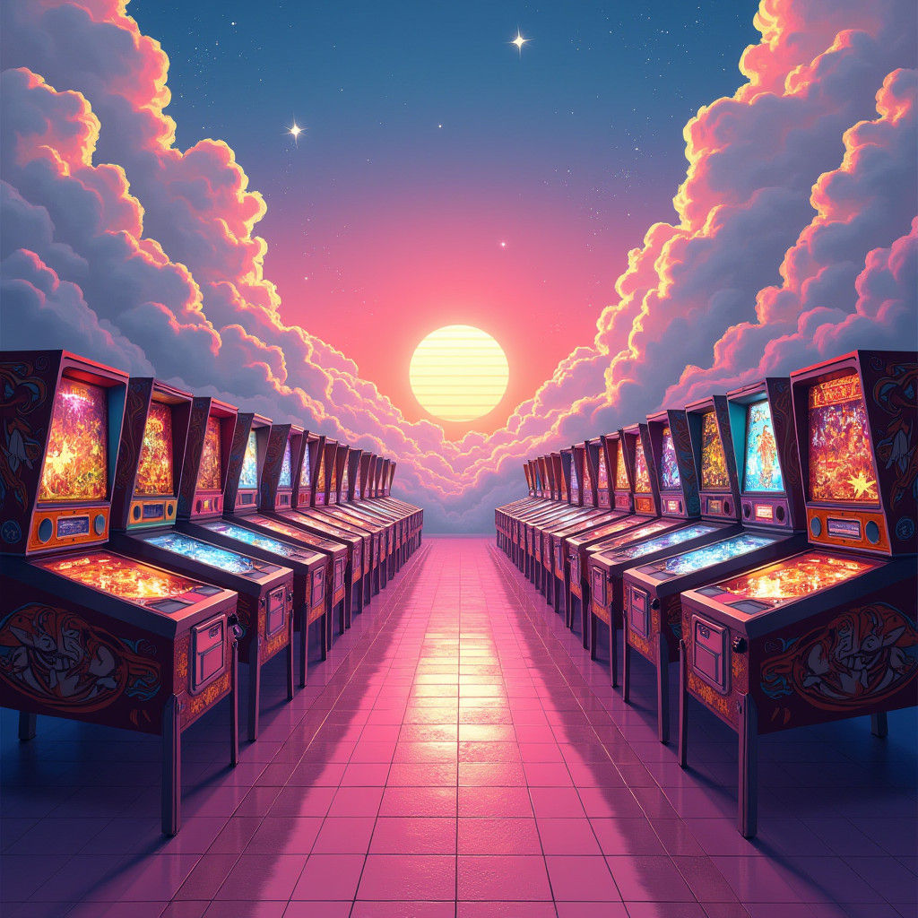 Retro-Futuristic Pinball Arcade in a Dreamy Sky