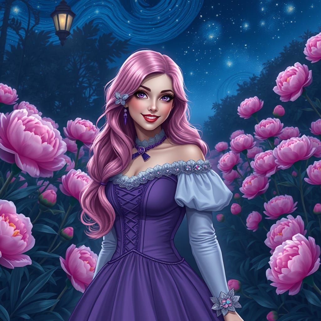 Pink-Haired Woman in Gothic Gown in Starry Garden