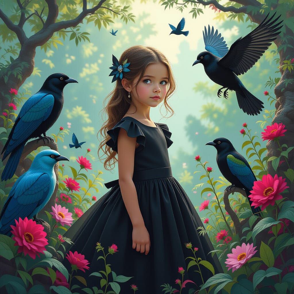 Fantasy World: Girl, Birds, and Mystical Animals