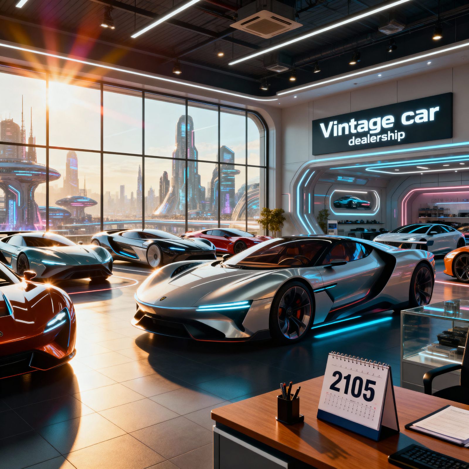 Futuristic Vintage Car Dealership in 2105