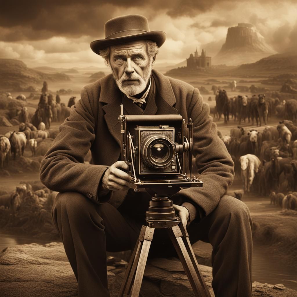 Man with 1850s Camera in Sepia Tone