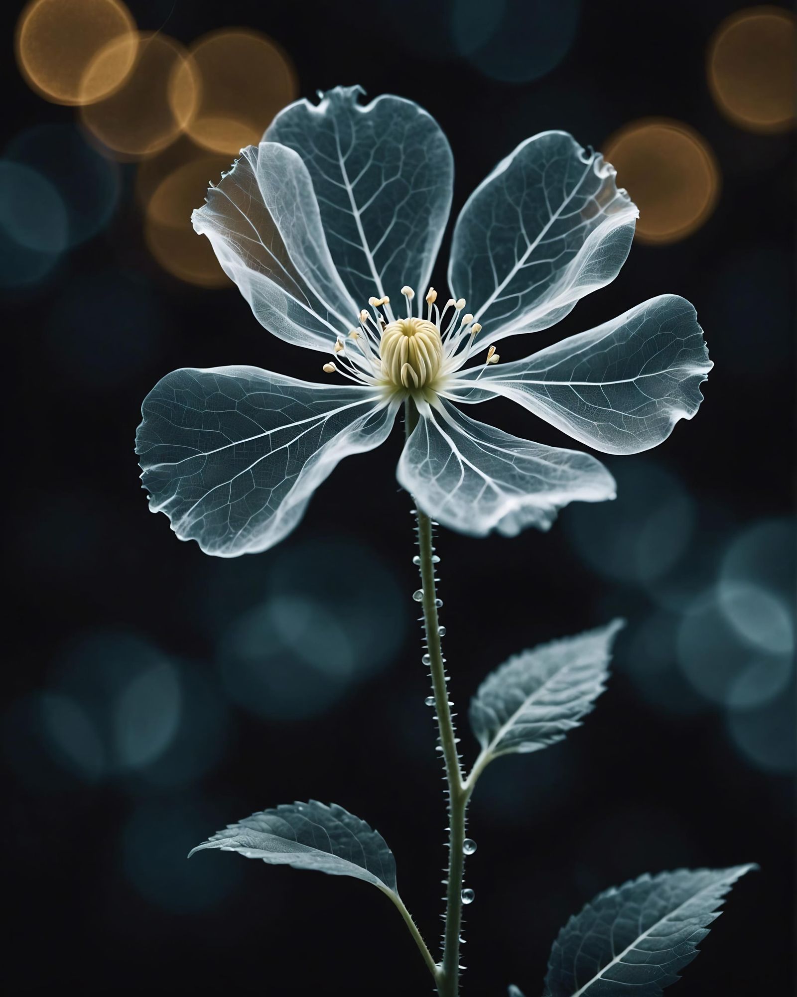 Ethereal X-Ray Flower on Dark Bokeh Background