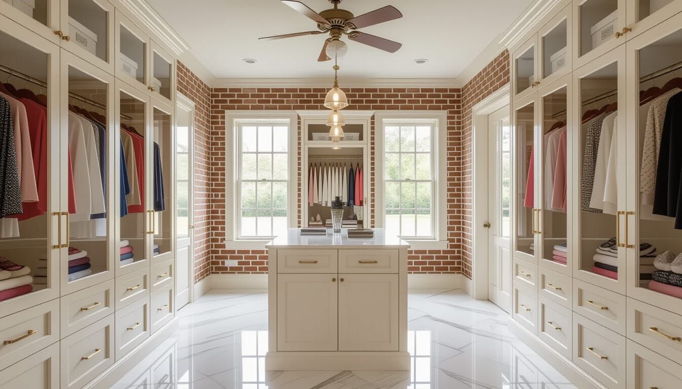 Victorian Walk-In Closet with Ivory Showcase Cabinets