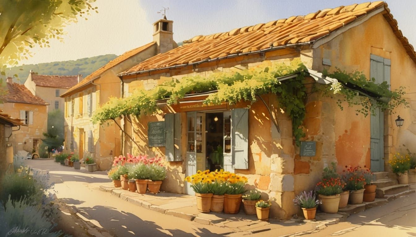 Quaint Flower Shop in Rural France: Watercolor Painting