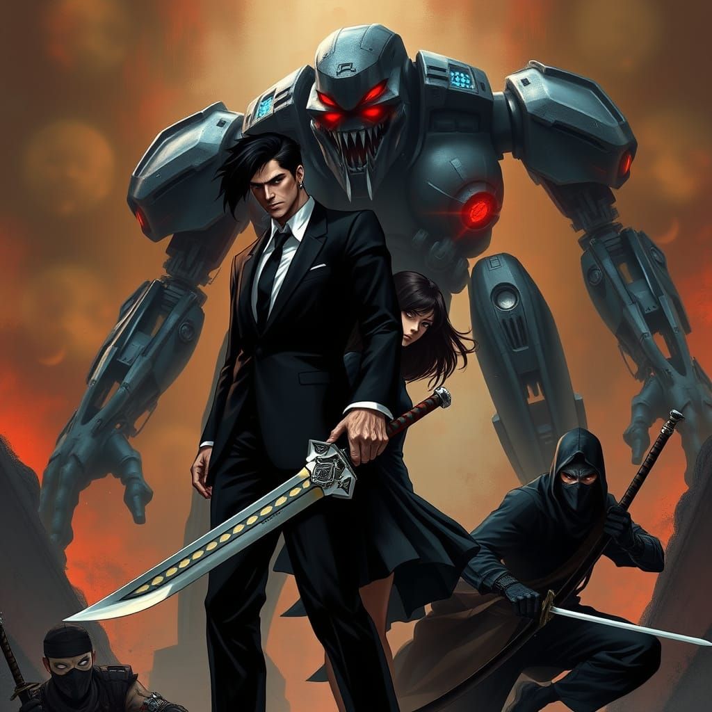 Cyberpunk Warriors Stand Beside a Mechanical Giant