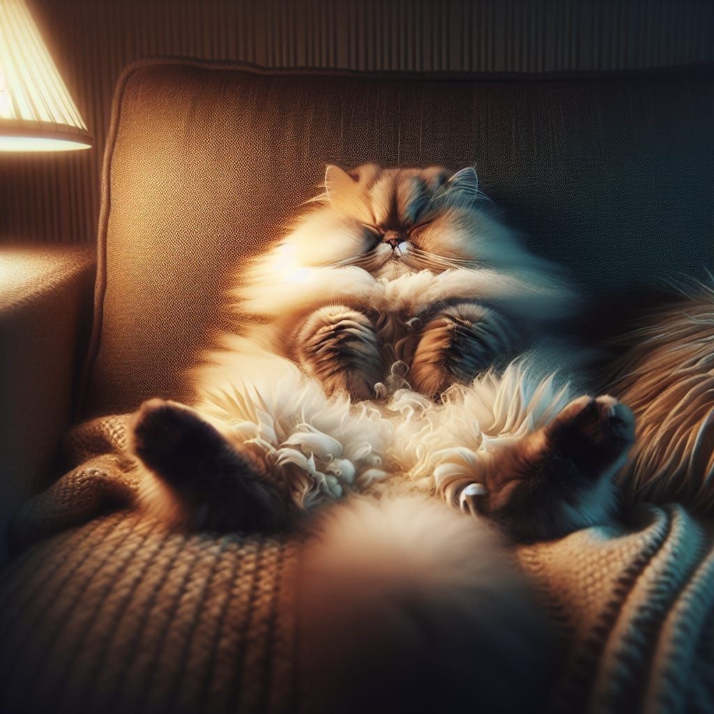 Fluffy Cat Sleeping Upside Down on Sofa