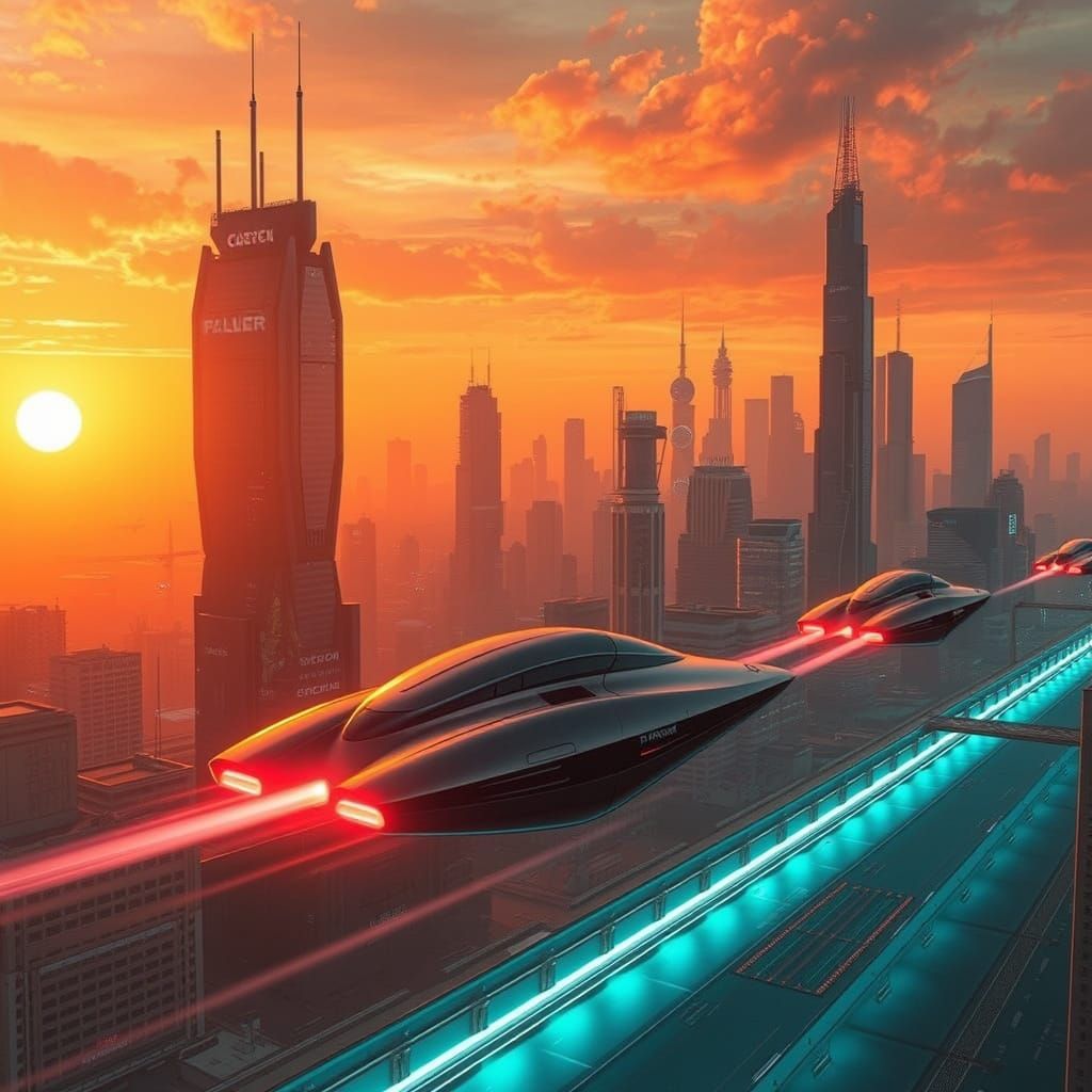 Futuristic Cityscape at Sunset with Flying Cars