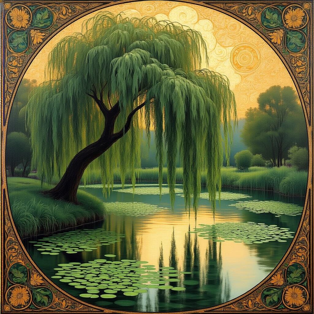 Weeping Willow Over Duckweed Pond in Klimt Style