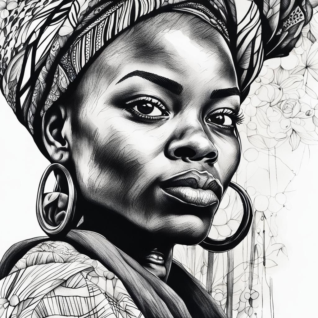 Detailed Ink Portrait of Peaceful African Woman