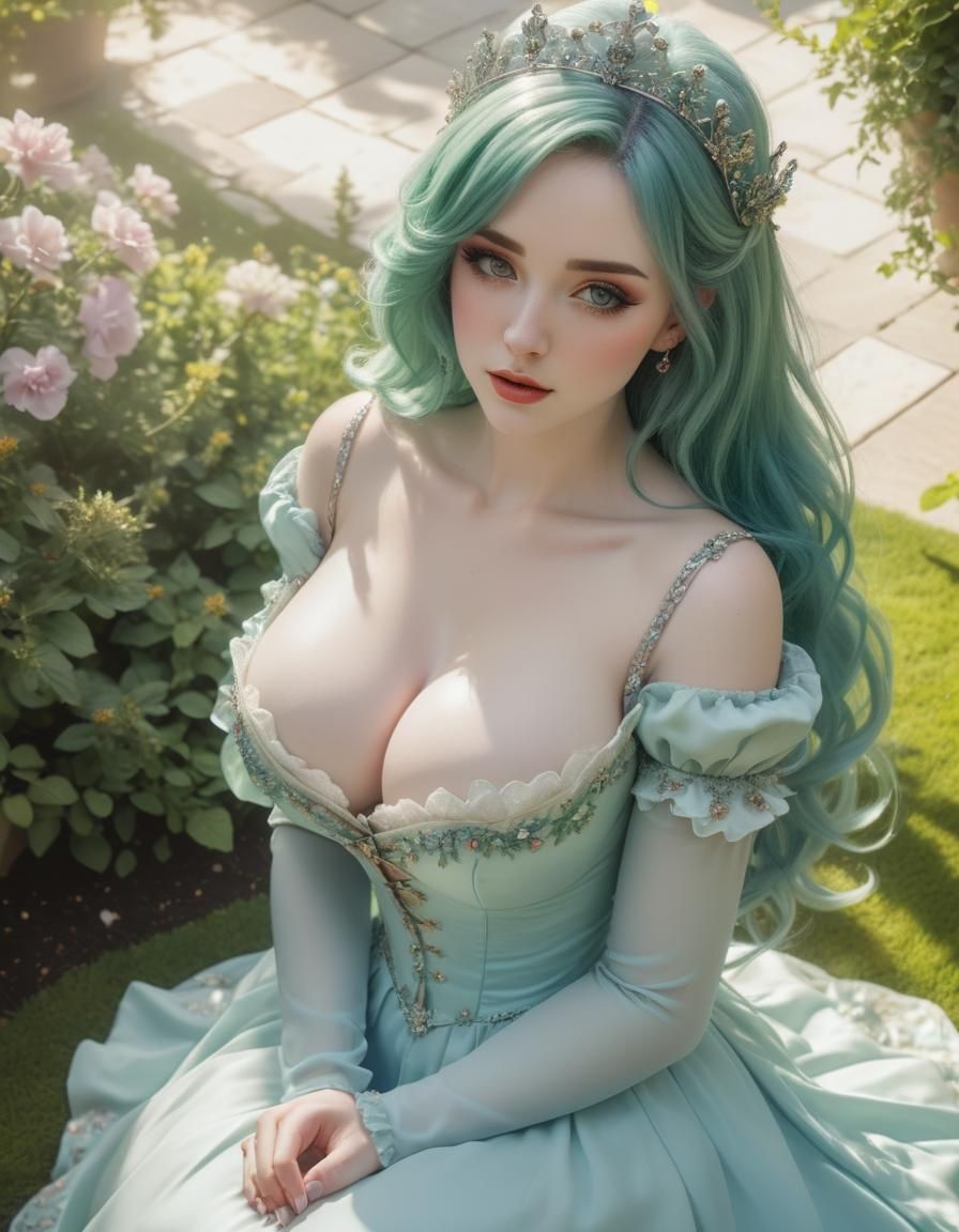 Green-Haired Princess in a Colorful Garden