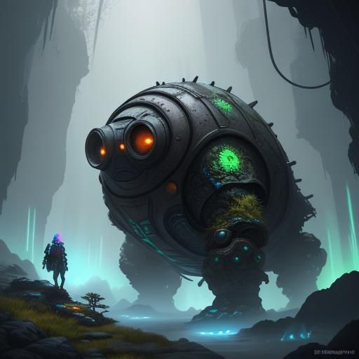 Giant Tardigrade and Lady in Glowing Cave