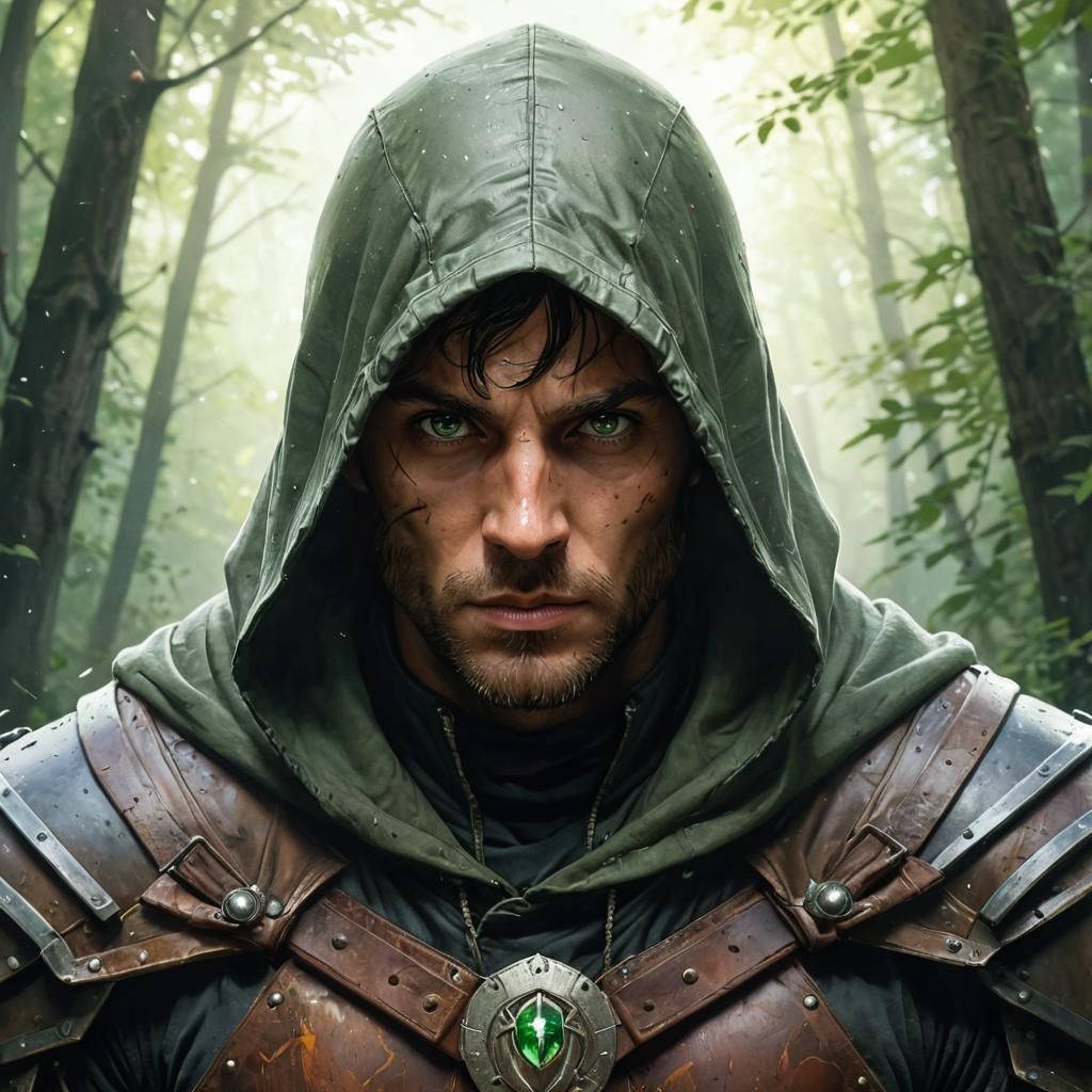 Watercolor Rogue Portrait in Forest, Cell Shaded Style