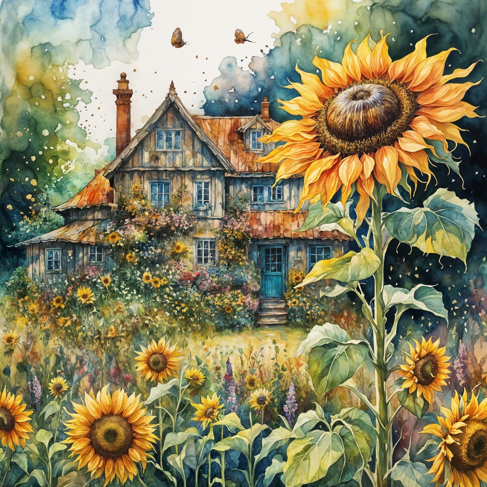 Sunflower Snail in Cottagecore Watercolor Garden